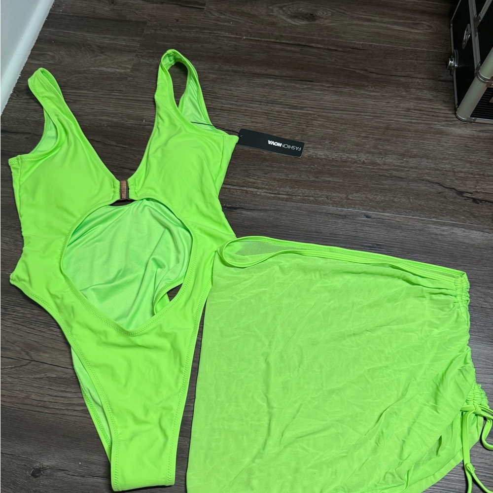 FashionNova Neon Green One-Piece Swimsuit with Cover-Up